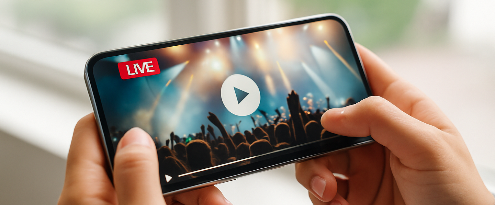 Pessoa segurando um celular em modo paisagem, assistindo a uma transmissão ao vivo de um show com plateia e luzes de palco.