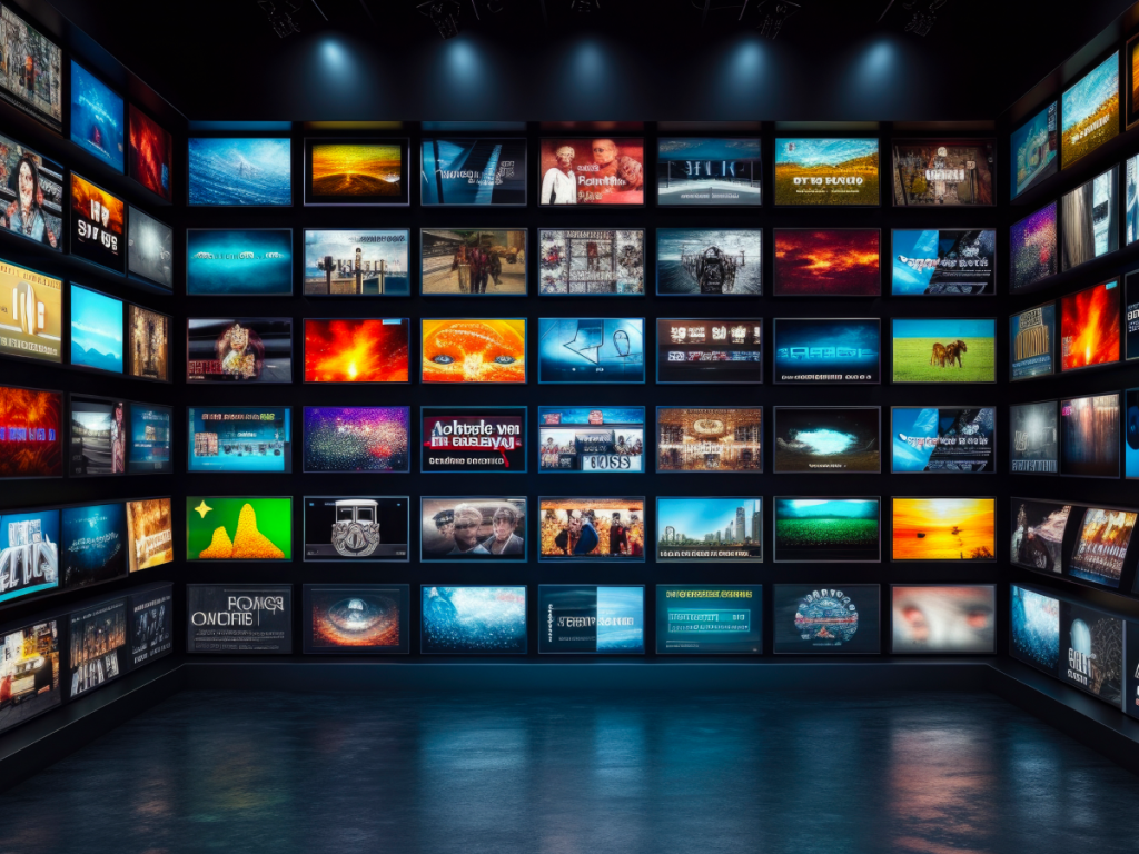 Imagem figurativa com várias telas, e em cada uma, diferentes tipos de conteúdo IPTV.