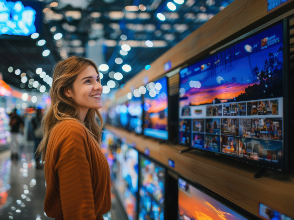 Pessoa sorridente observando Smart TVs com diversos canais IPTV