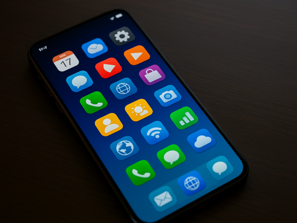 Smartphone moderno em cima de uma mesa de madeira, com fundo desfocado e luz natural, representando o uso cotidiano de IPTV em dispositivos móveis.