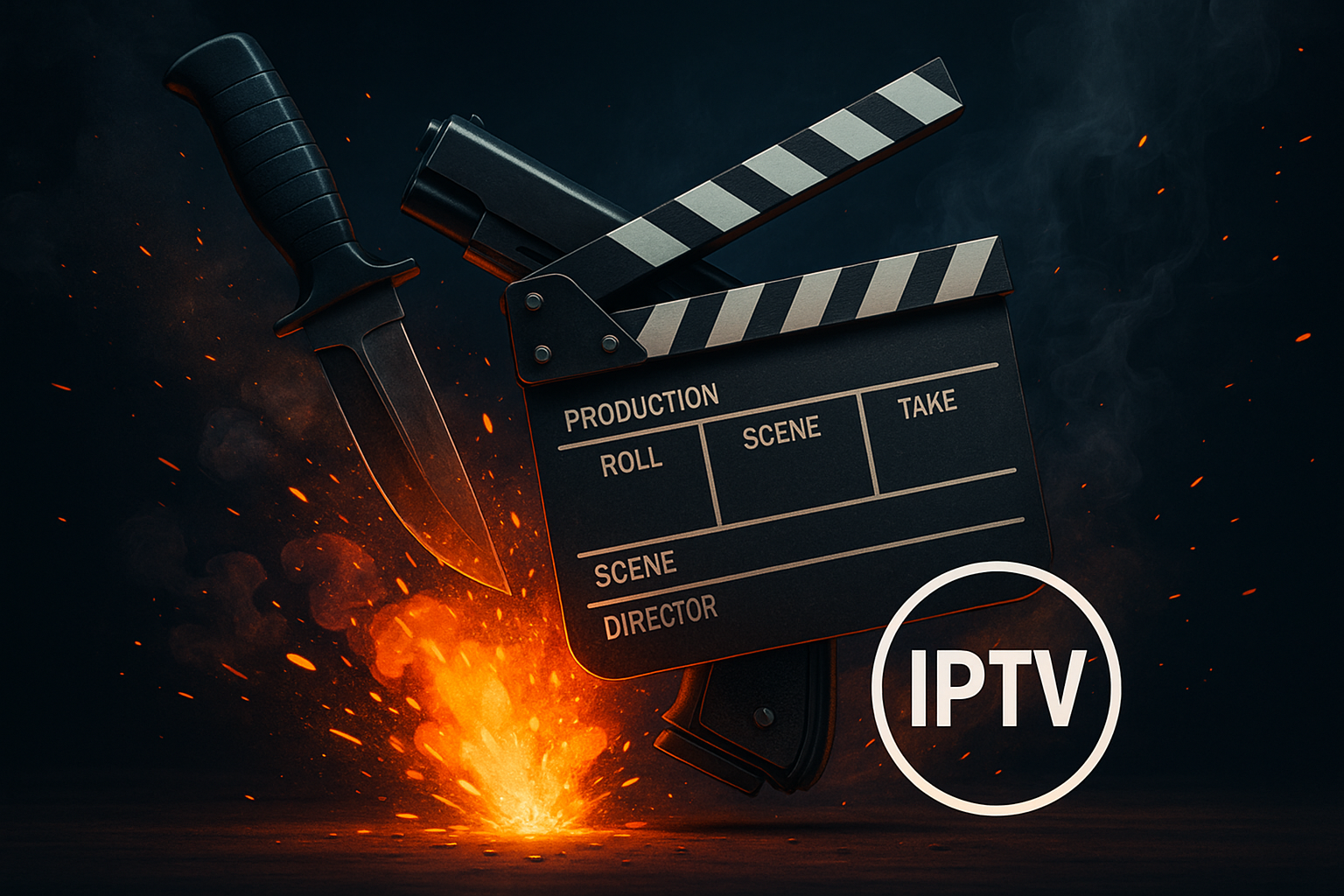 Fundo preto, com composição da imagem com um claquete de cinema, fogo e outros objetos usados em filmes de ação.