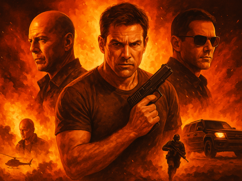 Ilustração intensa em tons de laranja com personagens de filmes de ação em destaque, incluindo um homem segurando uma arma, dois outros com expressões sérias, um helicóptero, soldado armado e um SUV, tudo cercado por chamas e fumaça, transmitindo adrenalina e ação.