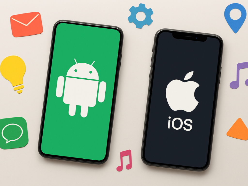 Dois celulares lado a lado, um com o símbolo do Android e outro com o logo da Apple, cercados por ícones coloridos de aplicativos, representando a compatibilidade dos melhores apps IPTV com os sistemas Android e iOS.