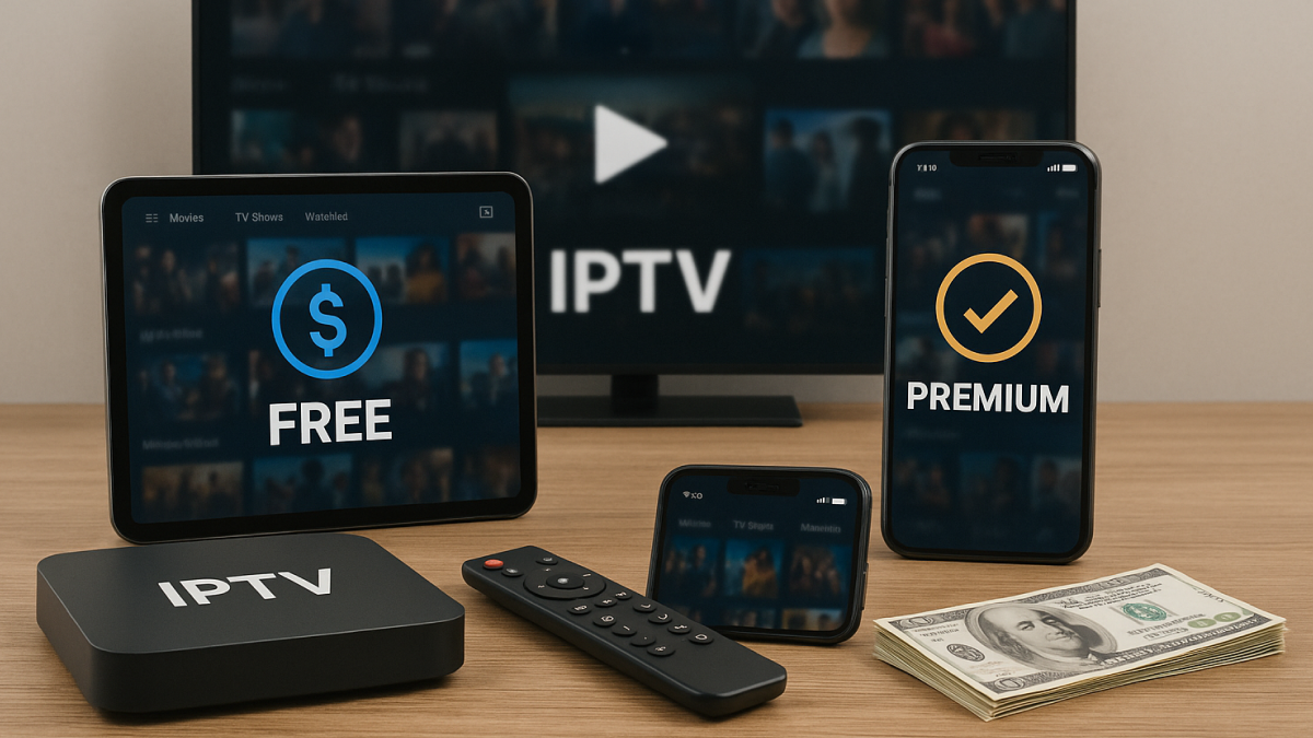 Dispositivos de IPTV sobre uma mesa de madeira, incluindo TV box, controle remoto, tablet e smartphone. O tablet exibe um serviço com a palavra 'FREE' e o smartphone exibe 'PREMIUM', com uma TV ao fundo mostrando uma interface de streaming e notas de dólar ao lado.