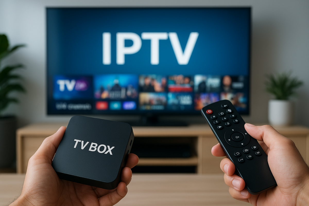 Foto de uma sala moderna com uma Smart TV exibindo a interface de um serviço IPTV e TV BOX. Em primeiro plano, mãos seguram um controle remoto e uma TV Box com a inscrição 'TV BOX'. O ambiente é iluminado, com plantas decorativas e móveis minimalistas, transmitindo um ar tecnológico e atual.
