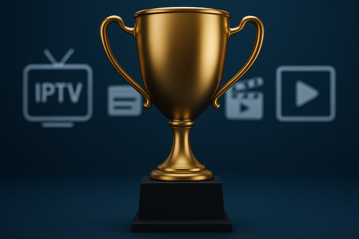 "Imagem digital com um troféu dourado centralizado sobre fundo azul escuro, simbolizando a escolha do melhor IPTV. Ao fundo, ícones sutis de IPTV, filmes e streaming aparecem desfocados, reforçando o tema de entretenimento e premiação.