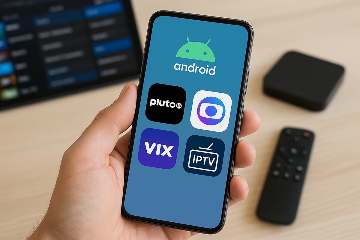 Pessoa segurando um smartphone Android com tela exibindo ícones de aplicativos de streaming, incluindo Pluto TV, Globo, VIX e IPTV. Ao fundo, sobre uma mesa de madeira clara, aparecem um tablet desfocado, um controle remoto e um dispositivo de TV.