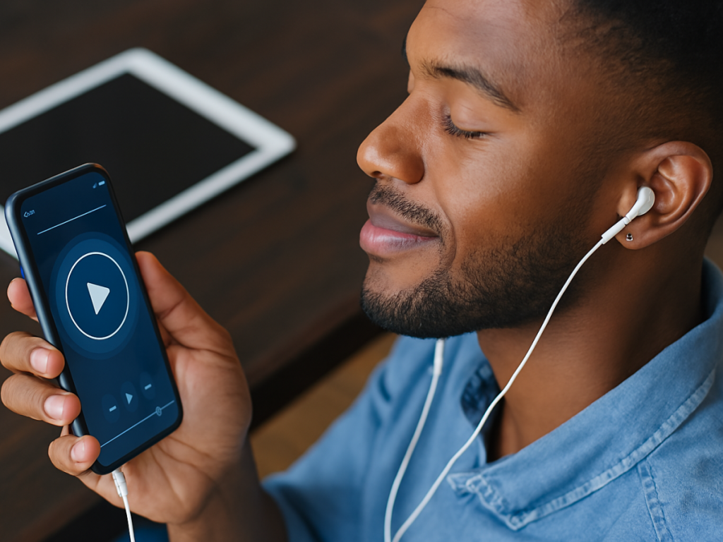 Homem negro ouvindo rádio no celular com fones de ouvido, segurando o smartphone com uma das mãos; ao fundo, um tablet desfocado sobre a mesa, em ambiente iluminado por luz natural.