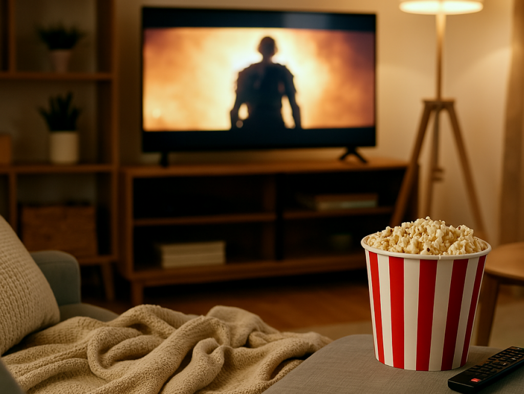 Sala com TV, tigela de pipoca e controle remoto, representando o início de uma maratona de séries em ambiente aconchegante.