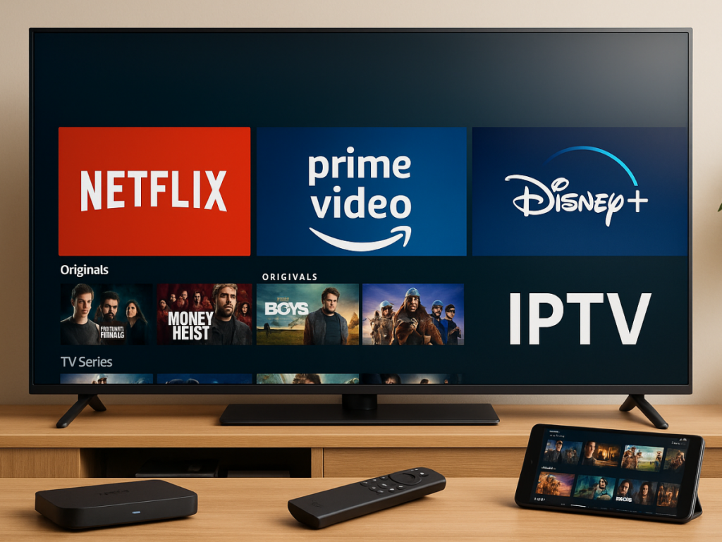 Sala de estar com TV de tela grande exibindo as interfaces dos serviços de streaming Netflix, Prime Video, Disney+ e IPTV. Em frente à TV, há um controle remoto, um dispositivo de streaming e um tablet mostrando catálogos de séries, tudo sobre um rack de madeira.