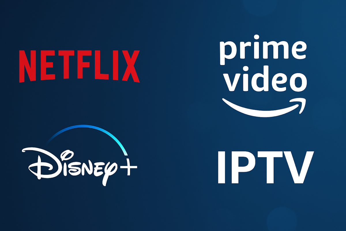 Imagem com fundo azul escuro em estilo digital, exibindo os logos dos serviços de streaming Netflix, Amazon Prime Video, Disney+ e IPTV distribuídos em quatro quadrantes, representando diferentes opções de entretenimento disponíveis em 2025.