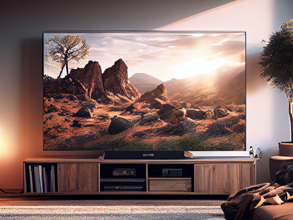Sala de estar moderna com televisão grande exibindo uma paisagem de montanhas ao pôr do sol, com tons quentes e dourados. A TV está sobre um rack de madeira com objetos decorativos e livros, e ao lado há uma planta em vaso, criando um ambiente aconchegante e bem iluminado.