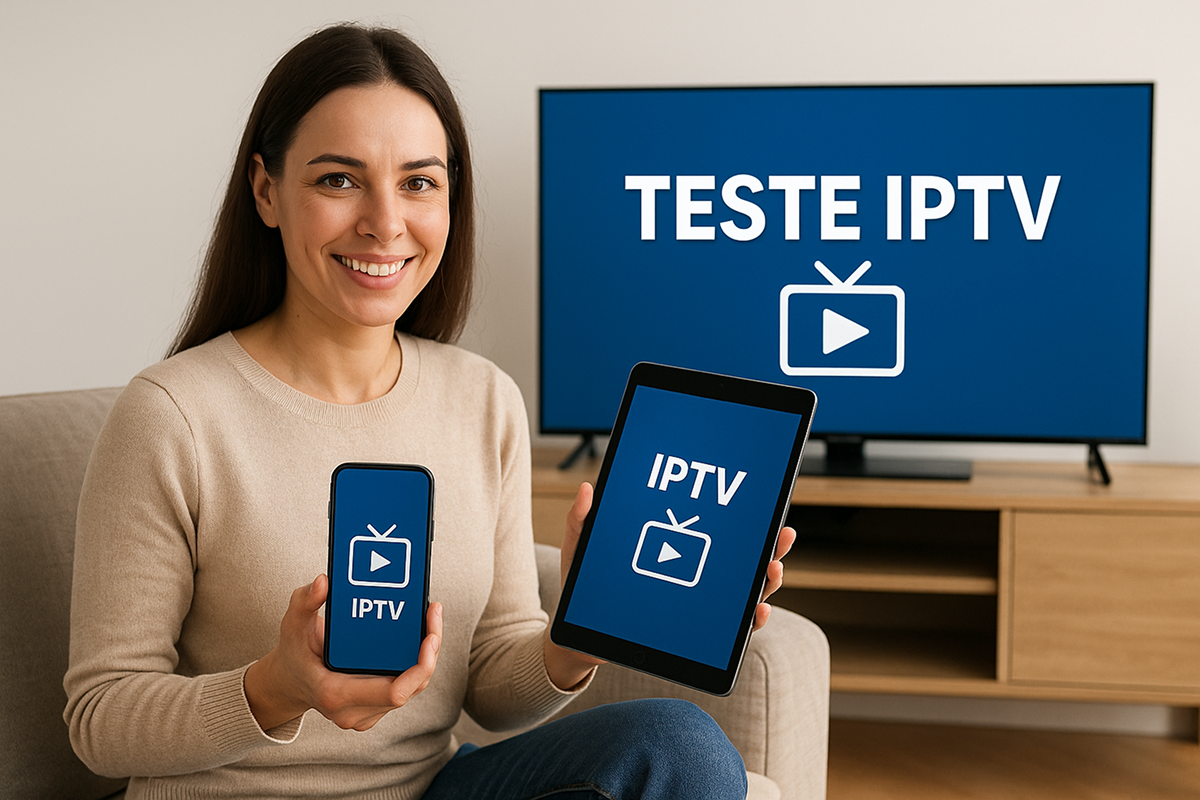 Uma pessoa sentada em uma sala com uma Smart TV atrás, com a interface de um serviço de IPTV exibida na tela. Ao lado, um smartphone e um tablet também mostram o conteúdo sincronizado. No topo da imagem aparece a frase 'TESTE IPTV' em destaque, representando a possibilidade de testar o serviço gratuitamente em múltiplos dispositivos