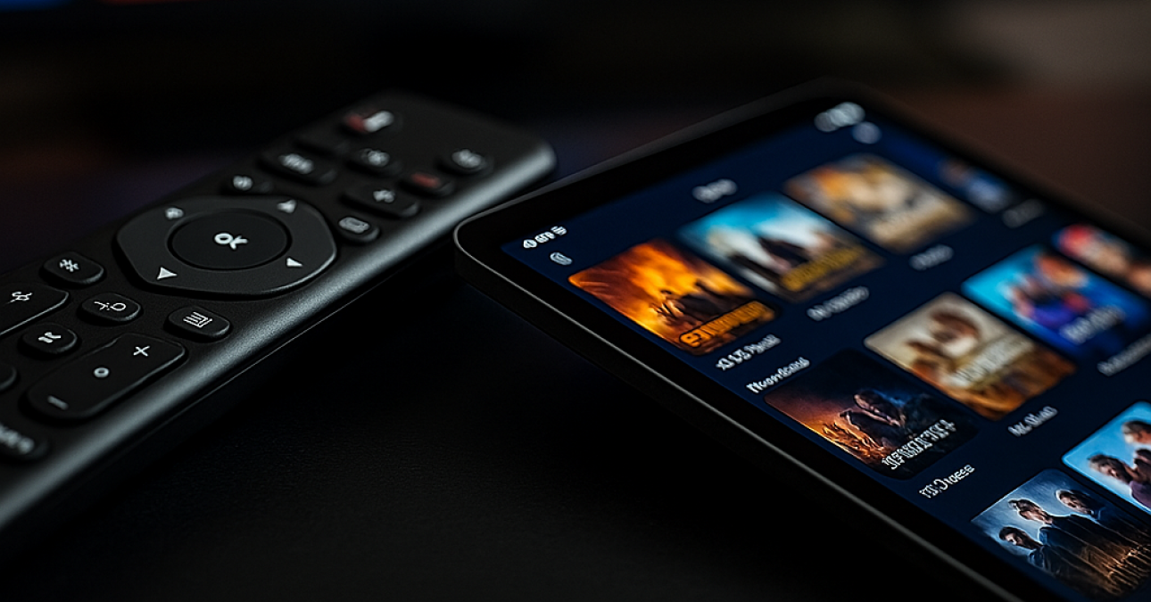 Smartphone sobre uma superfície uma tela streaming, representando o teste IPTV sem identificar marcas.