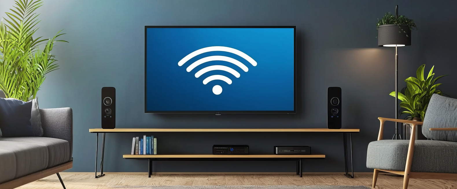TV em cima de uma estante, em uma sala moderna e minimalista. A TV está com um sinal wi-fi, representando a TV pela internet.