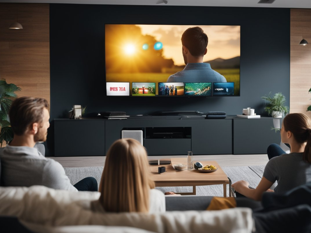 Família reunida em uma sala moderna assistindo a conteúdos variados em uma smart TV, ilustrando a praticidade e vantagens do IPTV.