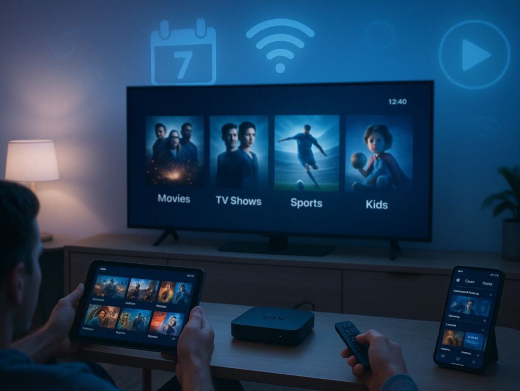Homem segurando tablet, e outra pessoa segurando um controle remoto, escolhendo conteúdos variados no IPTV 7 dias grátis.