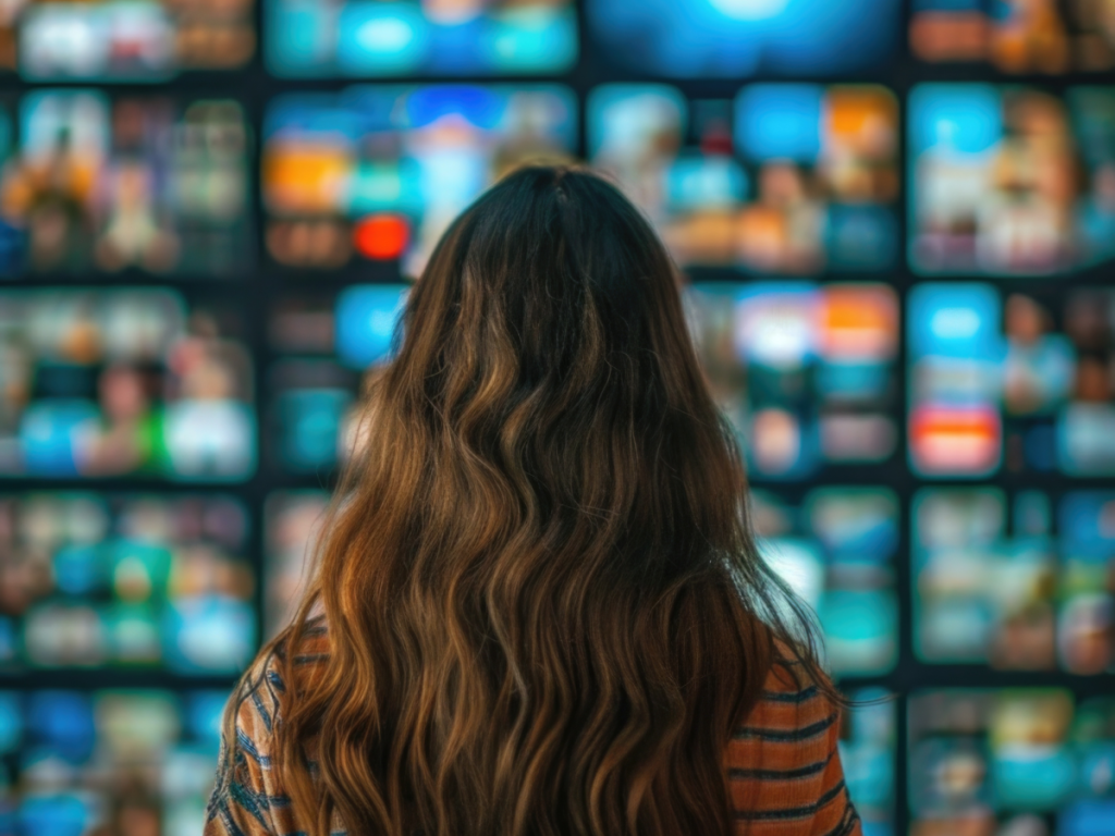 Mulher de costas, com cabelo longo e ondulado, observando uma grande parede de telas exibindo miniaturas coloridas de diversos programas de TV ou filmes, simbolizando variedade de conteúdo em plataformas de streaming ou IPTV.