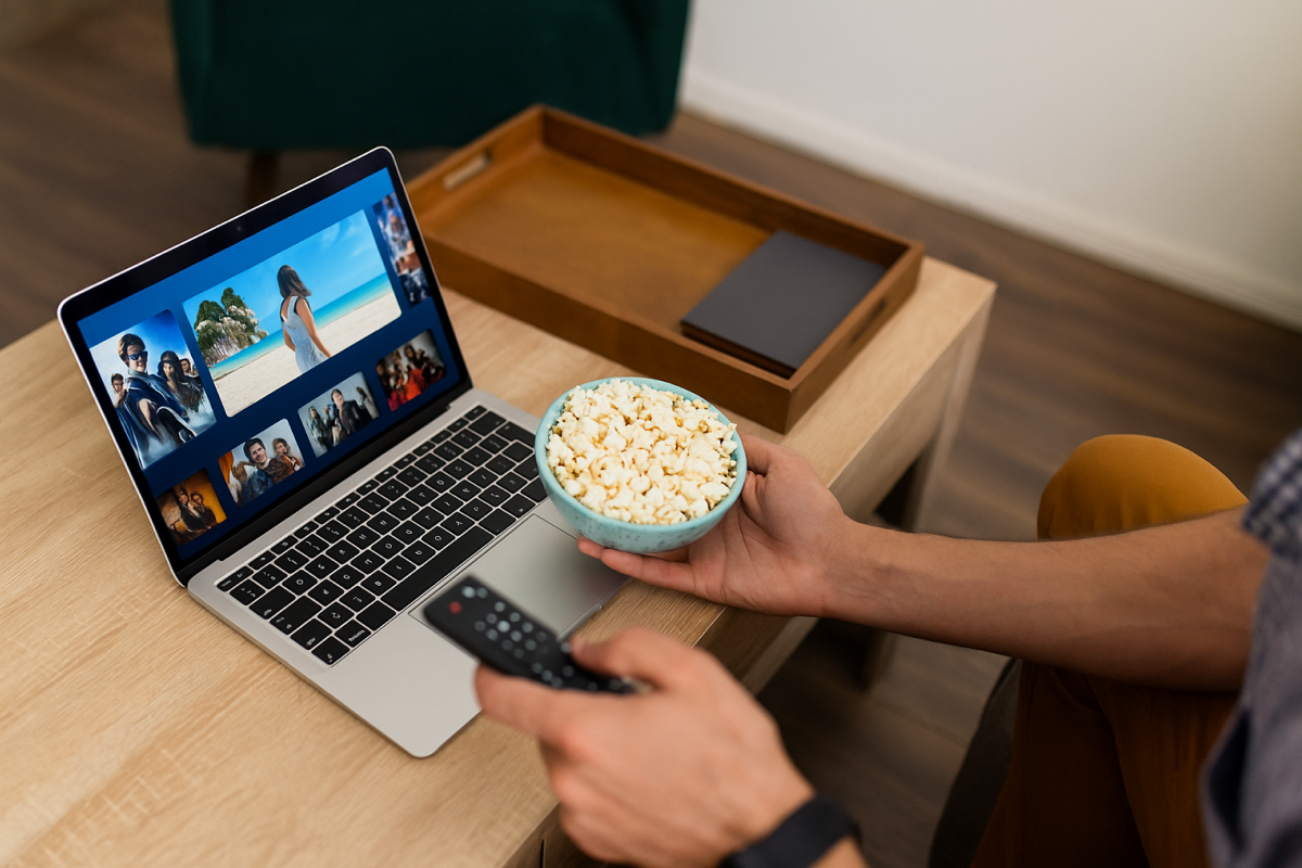 Cena realista de uma sala de estar moderna com sofá, mesa de madeira clara e notebook exibindo interface genérica de IPTV. A atmosfera aconchegante e sem presença de pessoas remete à experiência de assistir séries grátis em casa com conforto e praticidade.