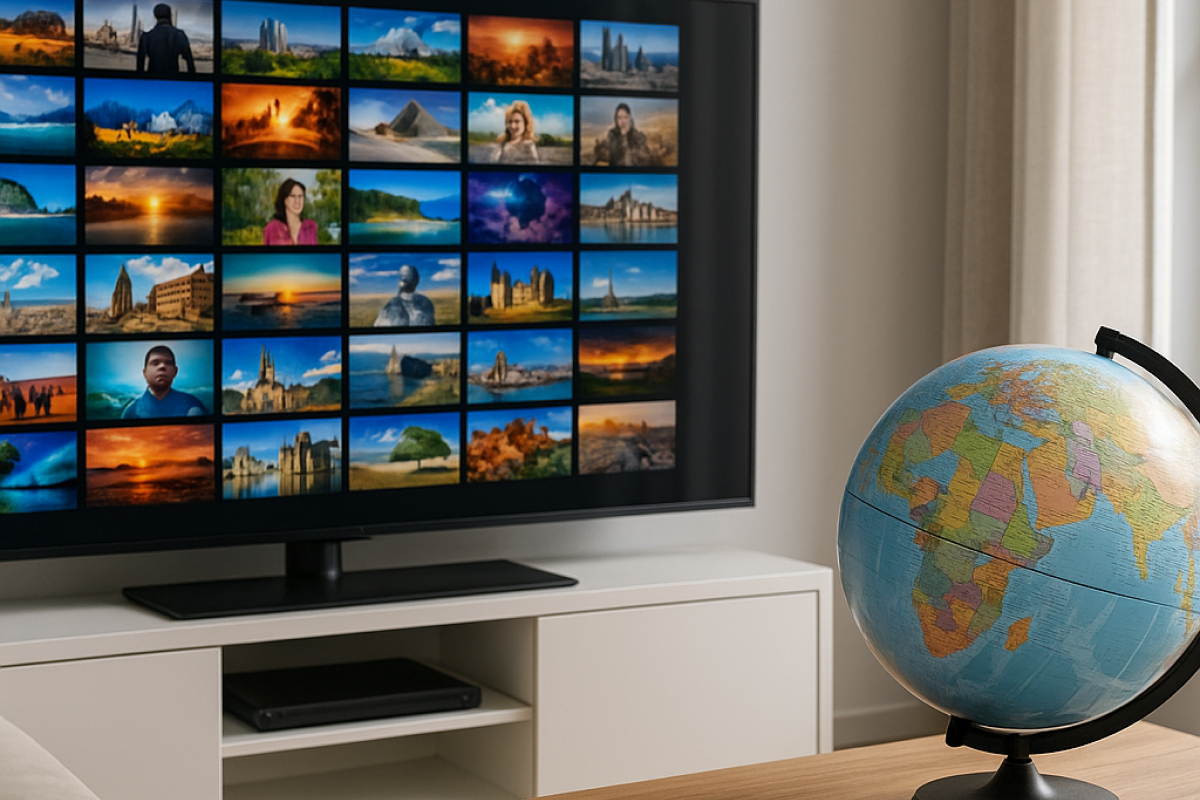 Sala de estar uma Smart TV exibindo miniaturas coloridas de canais internacionais, ao lado de um globo terrestre sobre uma estante, simbolizando acesso global a programação