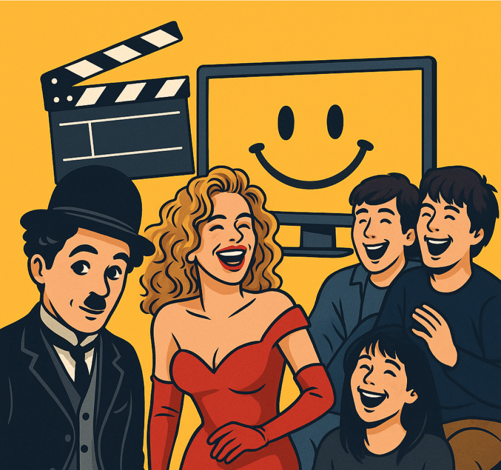 Ilustração digital colorida em formato de colagem de filmes de comédia, com referências visuais de clássicos e lançamentos, exibida em uma tela grande de cinema. A imagem transmite a diversidade e o humor dos melhores filmes de comédia de todos os tempos.