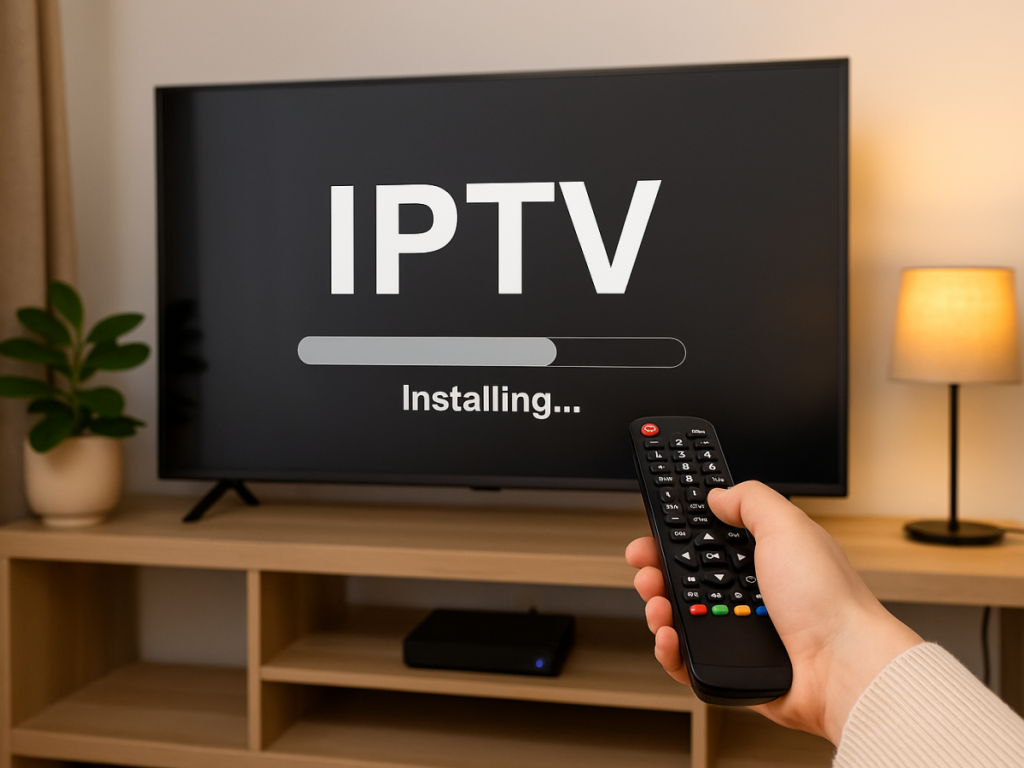 Sala de estar moderna com uma televisão ligada exibindo interface de aplicativo de IPTV, com uma TV Box e controle remoto sobre a mesa, simbolizando instalação de IPTV na televisão.