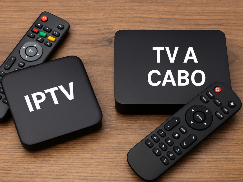 Comparação visual entre IPTV e TV a cabo, com dois controles remotos apontando para telas diferentes: uma representando a TV tradicional e outra exibindo conteúdo via internet, simbolizando a flexibilidade e variedade do IPTV.