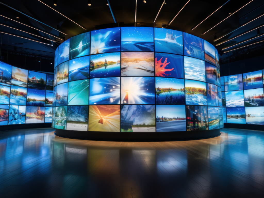 Parede curva de telas exibindo diversas imagens de natureza, paisagens e elementos visuais em alta definição, representando a variedade de conteúdos disponíveis em plataformas de streaming.