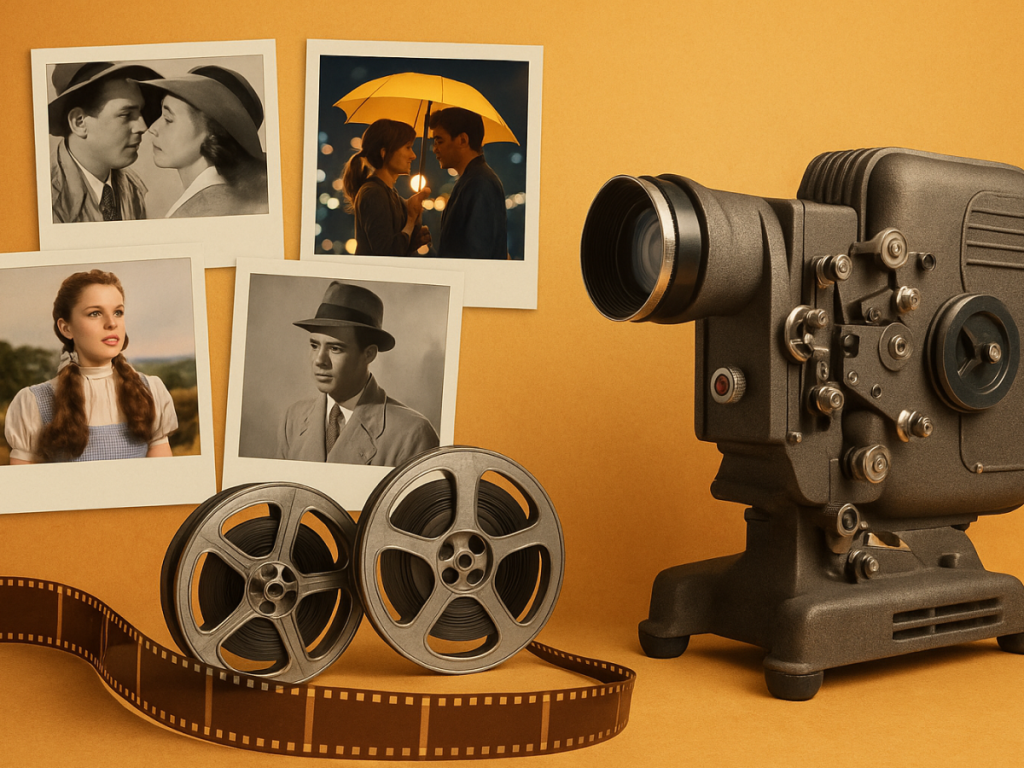 Projetor de cinema antigo ao lado de rolos de filmes clássicos e fotos em estilo polaroid com cenas clássicas e modernas, sobre fundo nostálgico alaranjado.