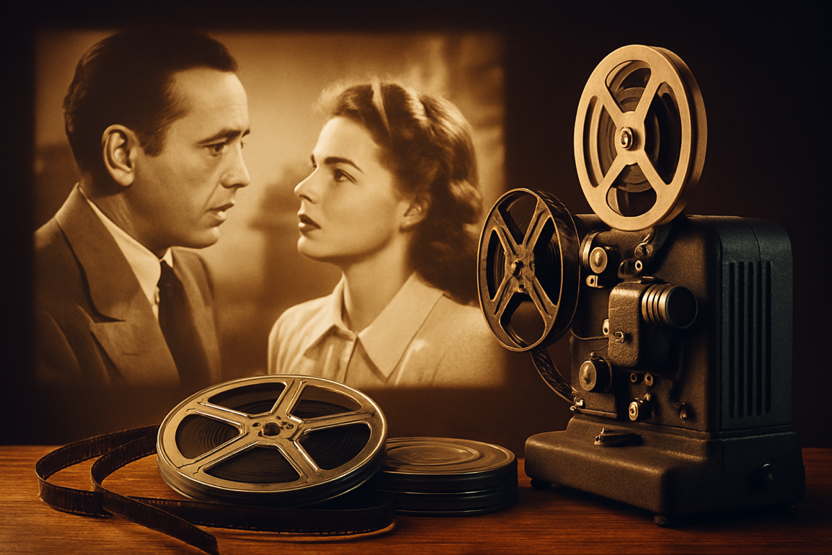 Composição nostálgica com projetor antigo, rolos de fita de filme e cena clássica projetada em uma parede, simbolizando o charme do cinema clássico e moderno.