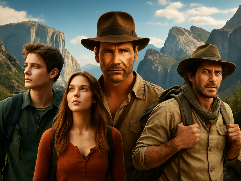 Imagem digital que representa filmes de aventura, mostrando cenas de paisagens épicas, montanhas, florestas densas e elementos de ação, simbolizando a emoção e a grandiosidade dos clássicos e lançamentos do gênero.