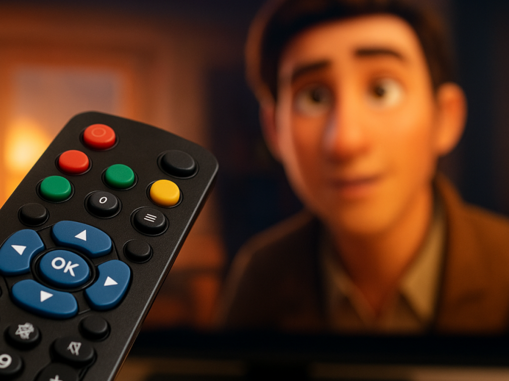 Sala de estar moderna com sofá cinza e televisão ligada exibindo a interface de um serviço de streaming, criando um ambiente aconchegante para assistir filmes dublados.
