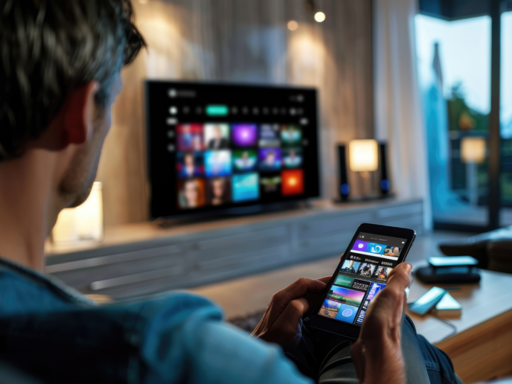 Homem sentado em uma sala usando um tablet para controlar e navegar por aplicativos de IPTV em uma Smart TV ao fundo, destacando a praticidade e a flexibilidade do streaming.