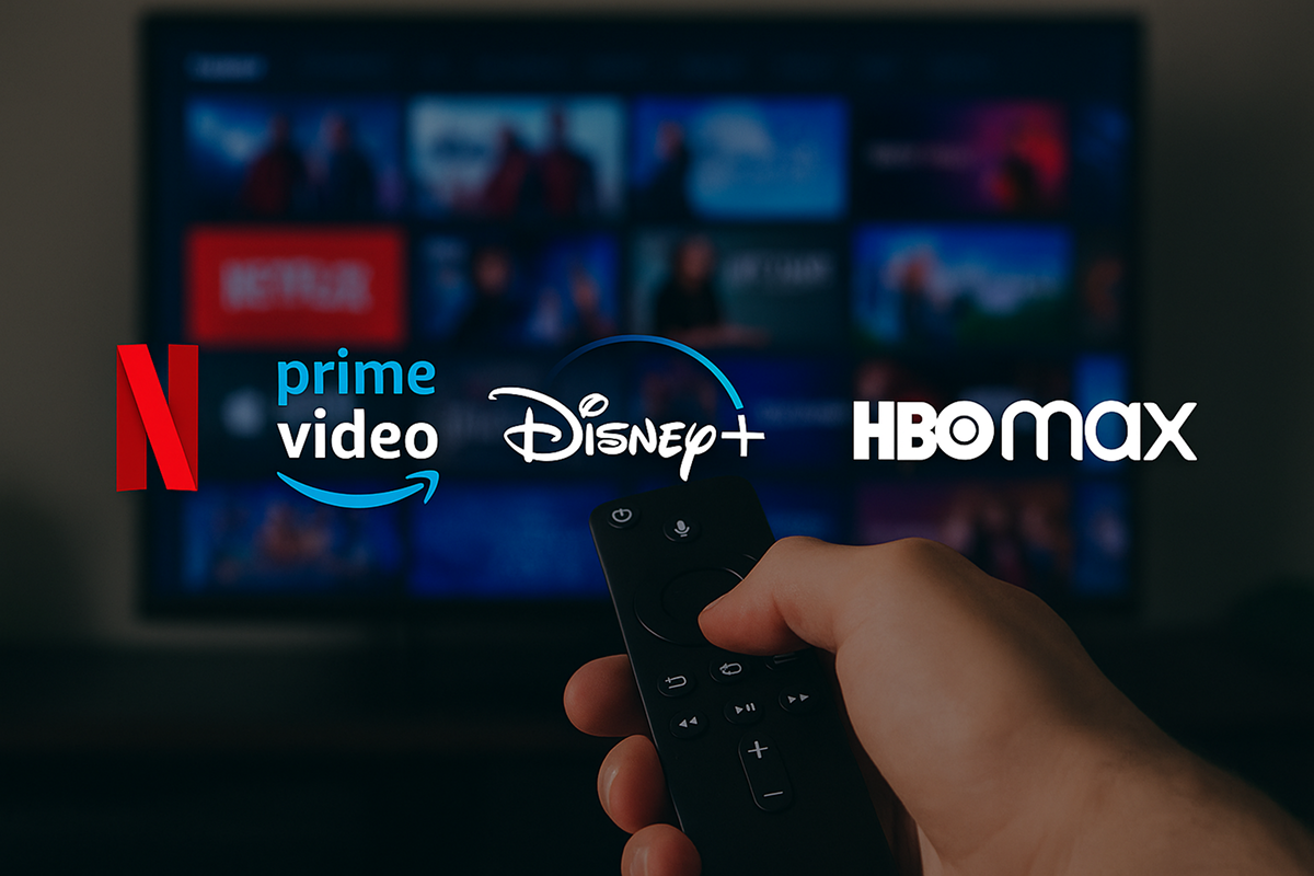 TV sobre uma mesa, e uma tela exibindo múltiplas telas com interfaces de serviços de streaming como Netflix, Prime Video, Disney+, HBO Max e Apple TV+, representando qual o melhor streaming de 2025.