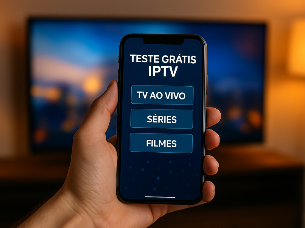 Pessoa segurando um smartphone com tela exibindo opções de teste grátis IPTV, incluindo TV ao vivo, séries e filmes, em frente a uma TV com imagem desfocada em um ambiente iluminado por abajur.