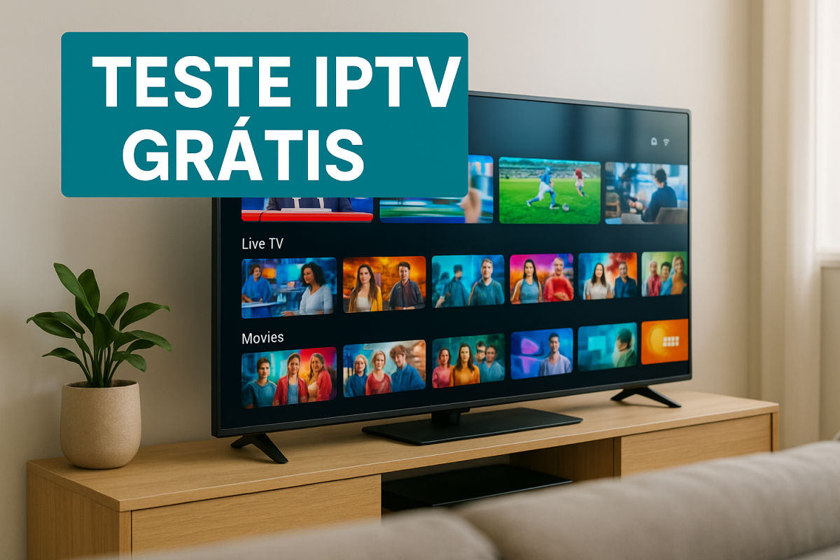 "Sala moderna com uma TV de tela plana exibindo uma interface de IPTV com miniaturas de canais e filmes; ao centro da tela, em destaque, aparece a frase 'TESTE IPTV GRÁTIS'.