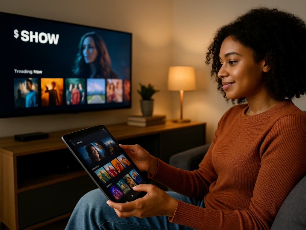 Mulher jovem sorridente sentada no sofá de uma sala iluminada, assistindo a uma série em uma Smart TV enquanto segura um balde de pipoca. A imagem representa o conforto de assistir série online grátis em casa
