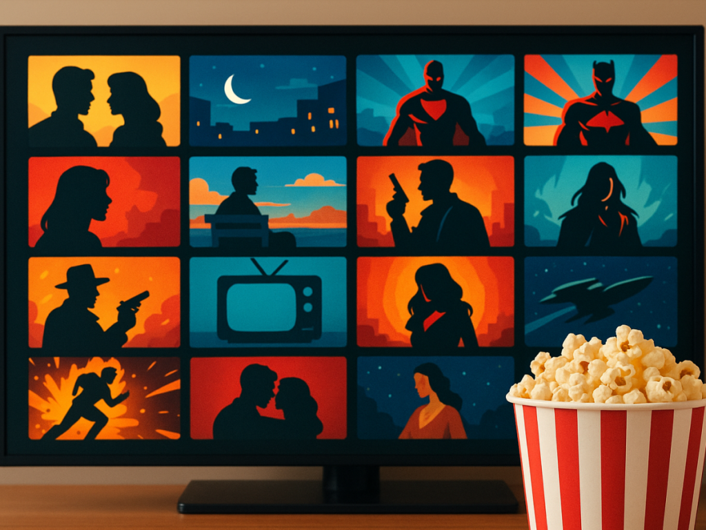 Fotografia digital apresenta uma TV de tela plana em uma sala moderna, exibindo diversos ícones de filmes e séries, simbolizando canais filmes e séries disponíveis para streaming. O ambiente é iluminado e bem decorado, destacando conforto e tecnologia.