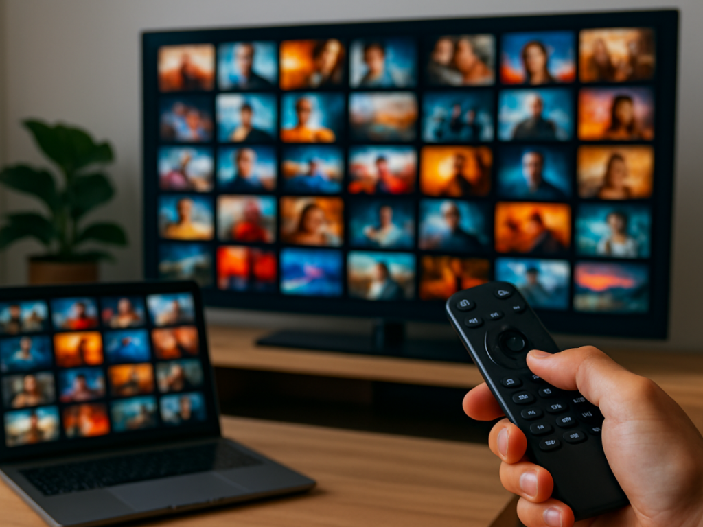 Sala moderna com uma smart TV exibindo uma interface colorida de canais ao vivo e filmes, representando a experiência de assistir IPTV com qualidade e variedade.