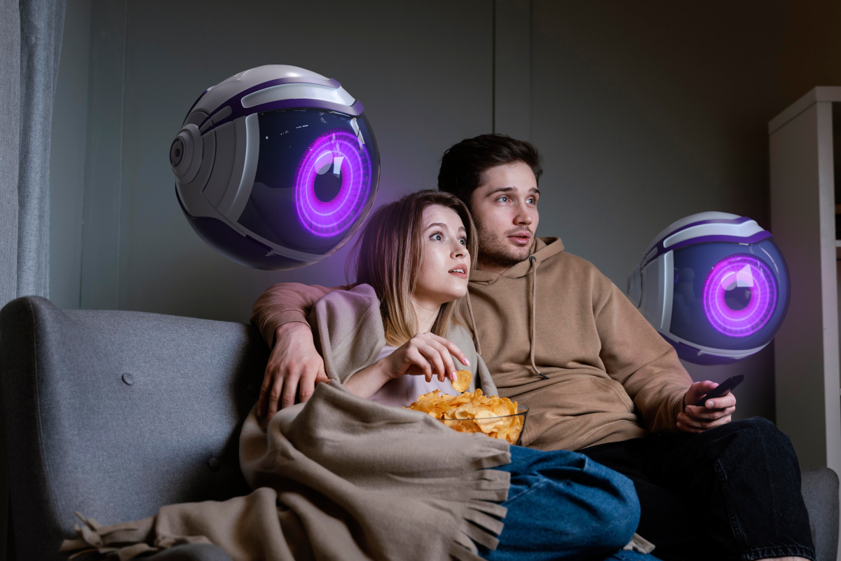 Casal acompanhando reality show como o BBB ao vivo pelo IPTV, com câmeras ilustrativas representando transmissão 24 horas.