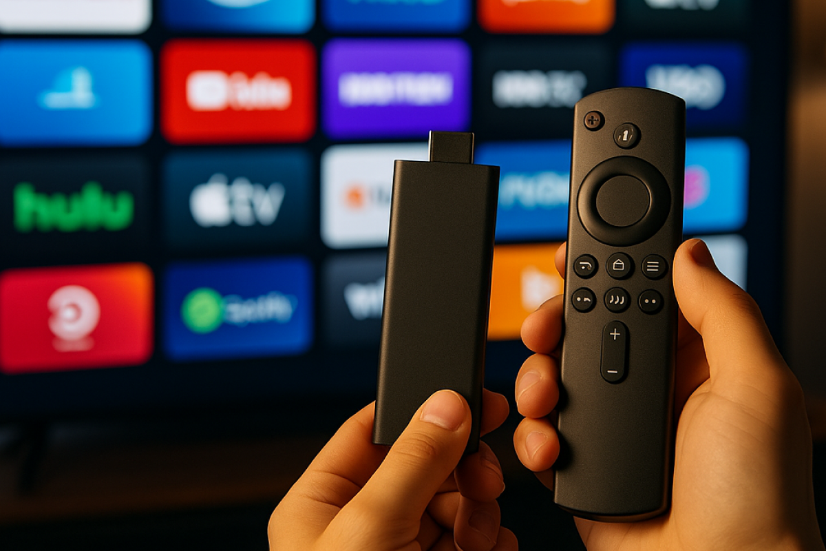 Pessoa segurando um controle de streaming conectado à TV em uma sala moderna, representando o uso do Fire Stick para assistir IPTV e obter aplicativos compatíveis com uma Smart TV.