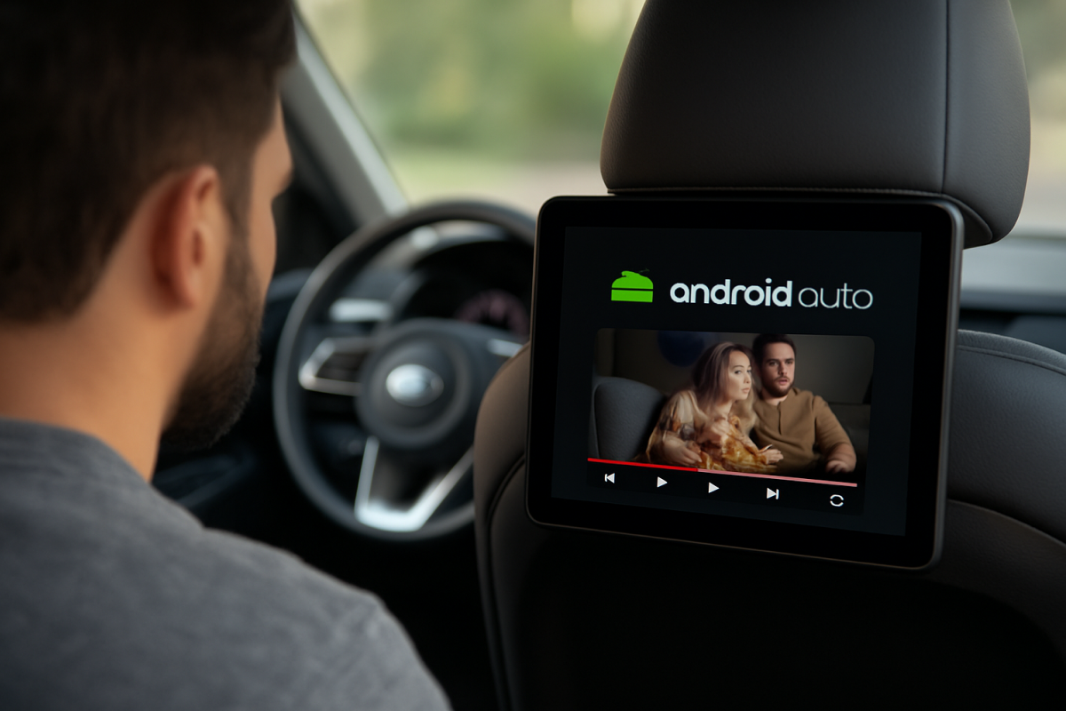 Passageiro assistindo a conteúdo IPTV no carro em uma tela embutida no banco traseiro com interface Android Auto ativa.