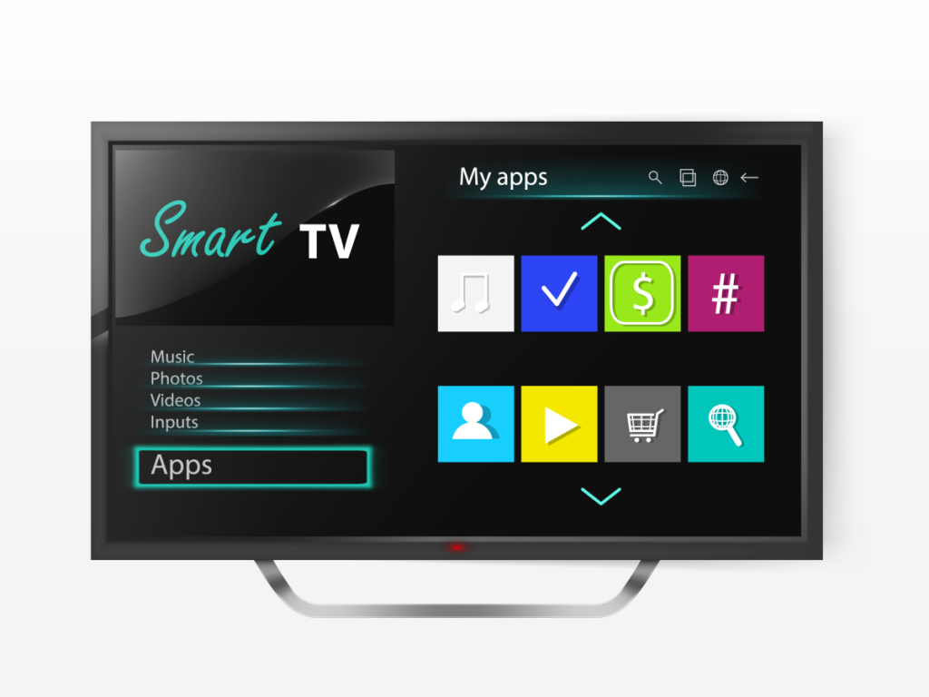 Tela de uma smart TV exibindo interface com aplicativos organizados, representando o uso de plataformas como Fire Stick para acessar conteúdo via IPTV.